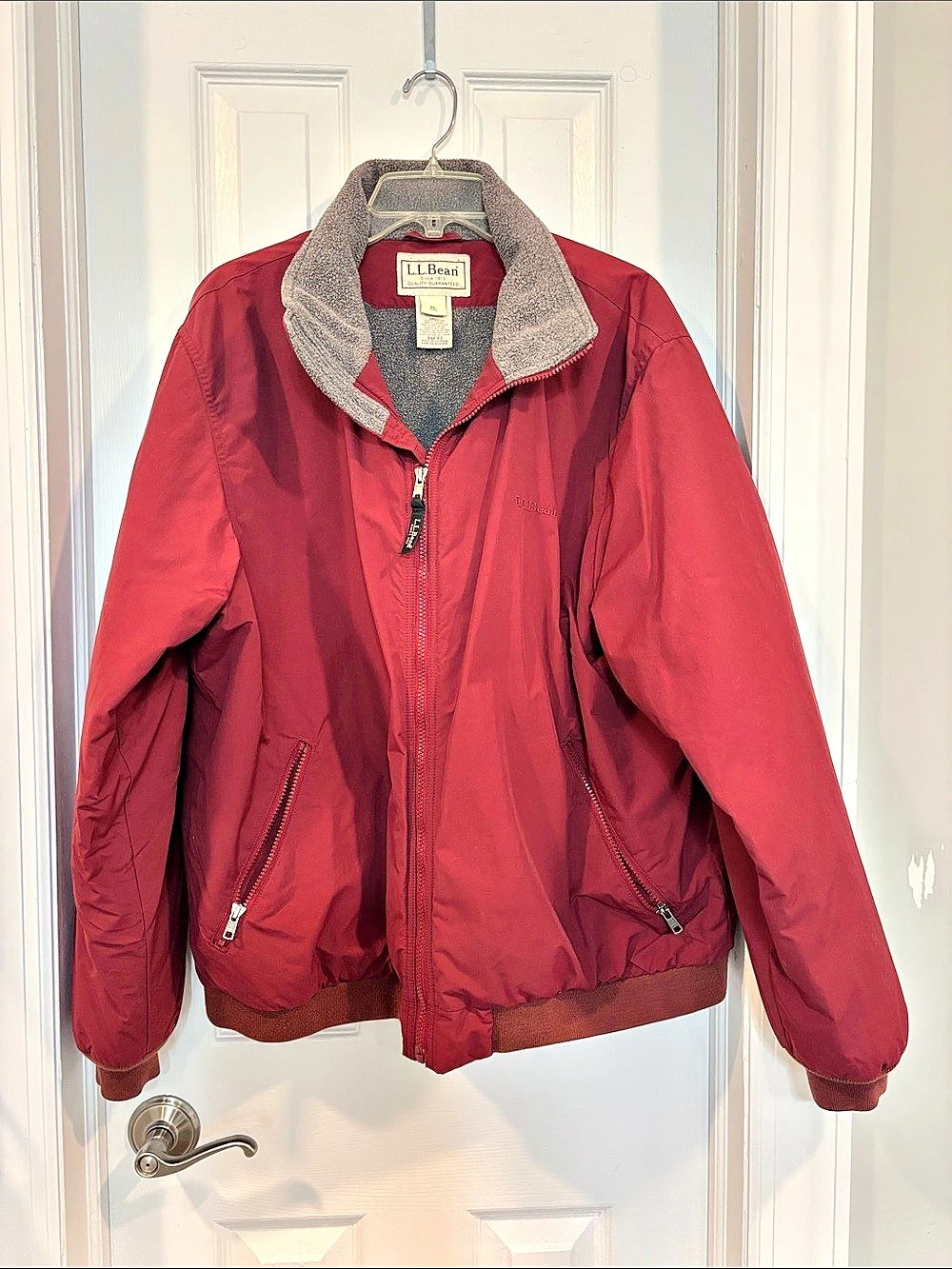 L.L.Bean Men's Warm-Up Jacket, Fleece Lined Nylon Red & Gray XL